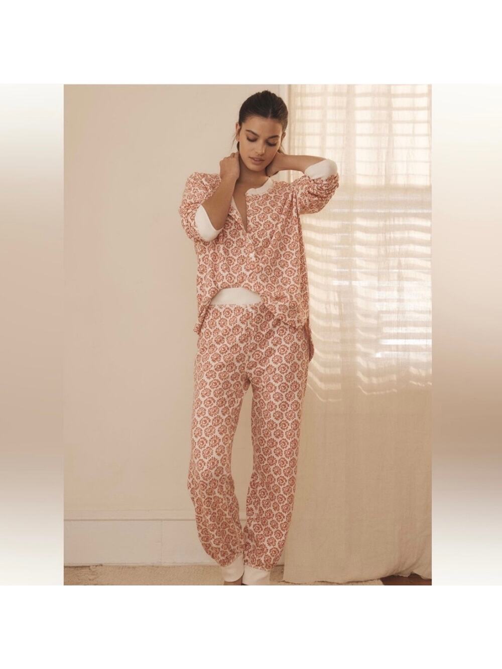 Anthropologie Waffle Knit Pajama Set Long Sleeve Pant Red Cream Floral SZ MEDIUM